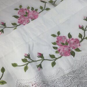 2 Window Valances Curtains Pink Embroidered Roses White Scalloped Lace 56" x 14"